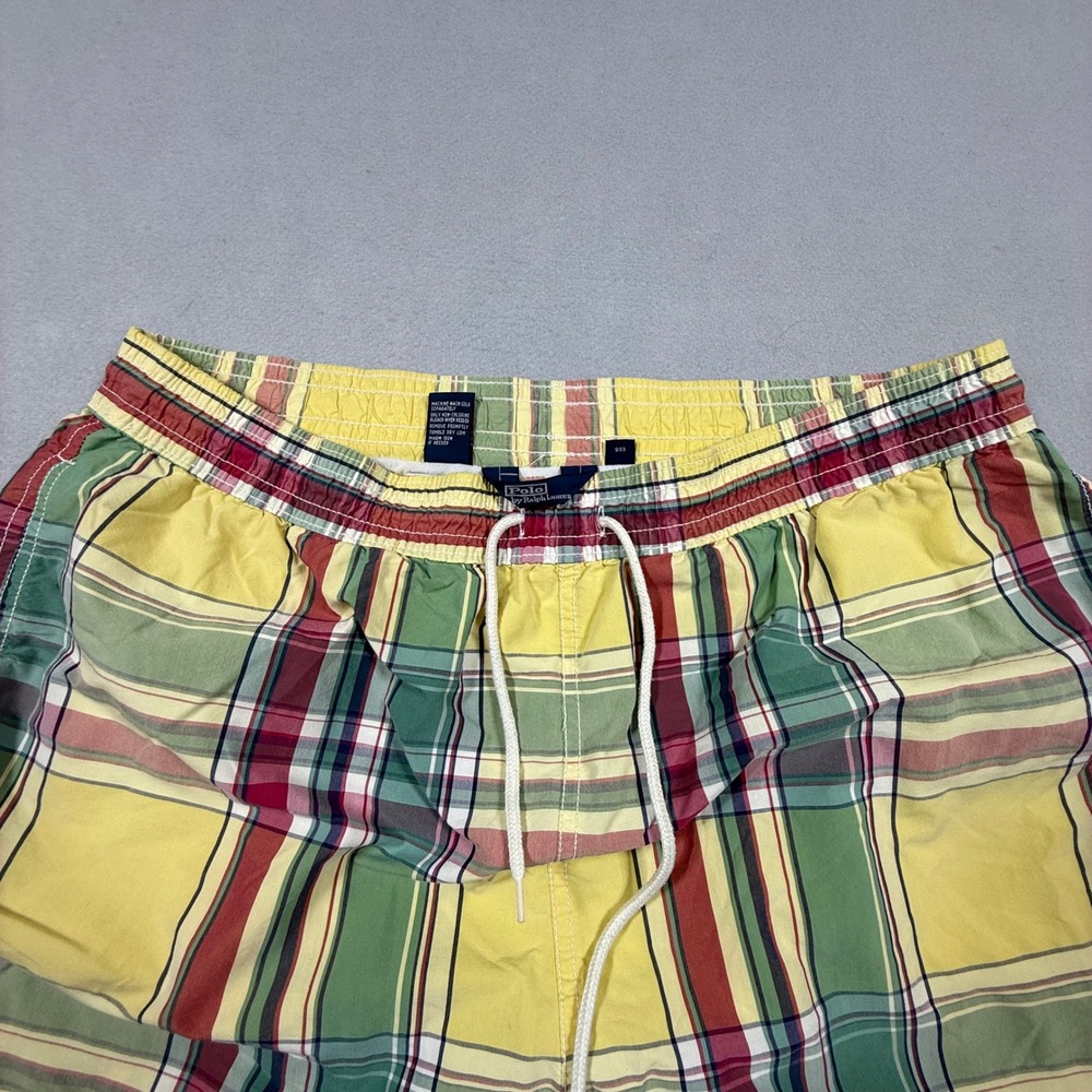Polo Ralph Lauren Mens XXL Madras Plaid Swim Trunks Yellow Green Red Mesh Lined